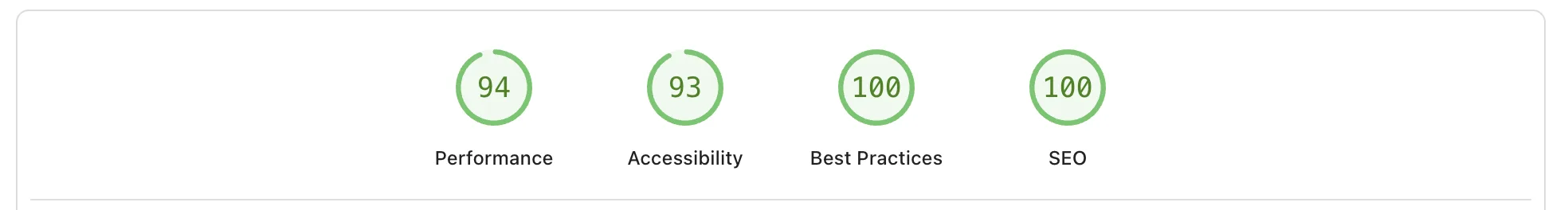 SEO Essex audit deliverable showing Lighthouse scores of 94 Performance, 93 Accessibility, 100 Best Practices and 100 SEO