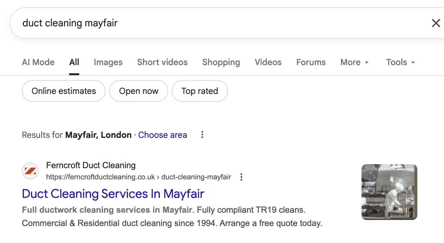 Ferncroft Duct Cleaning ranking number 1 on Google for duct cleaning Mayfair search query