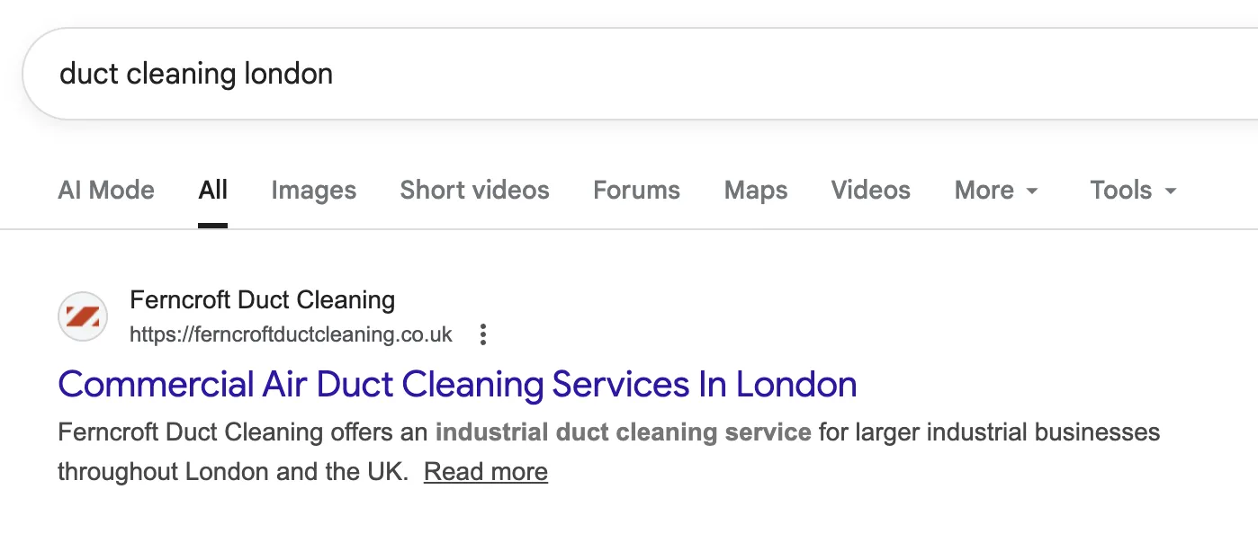 SEO Essex client ranking number 1 on Google search results page for their target keyword
